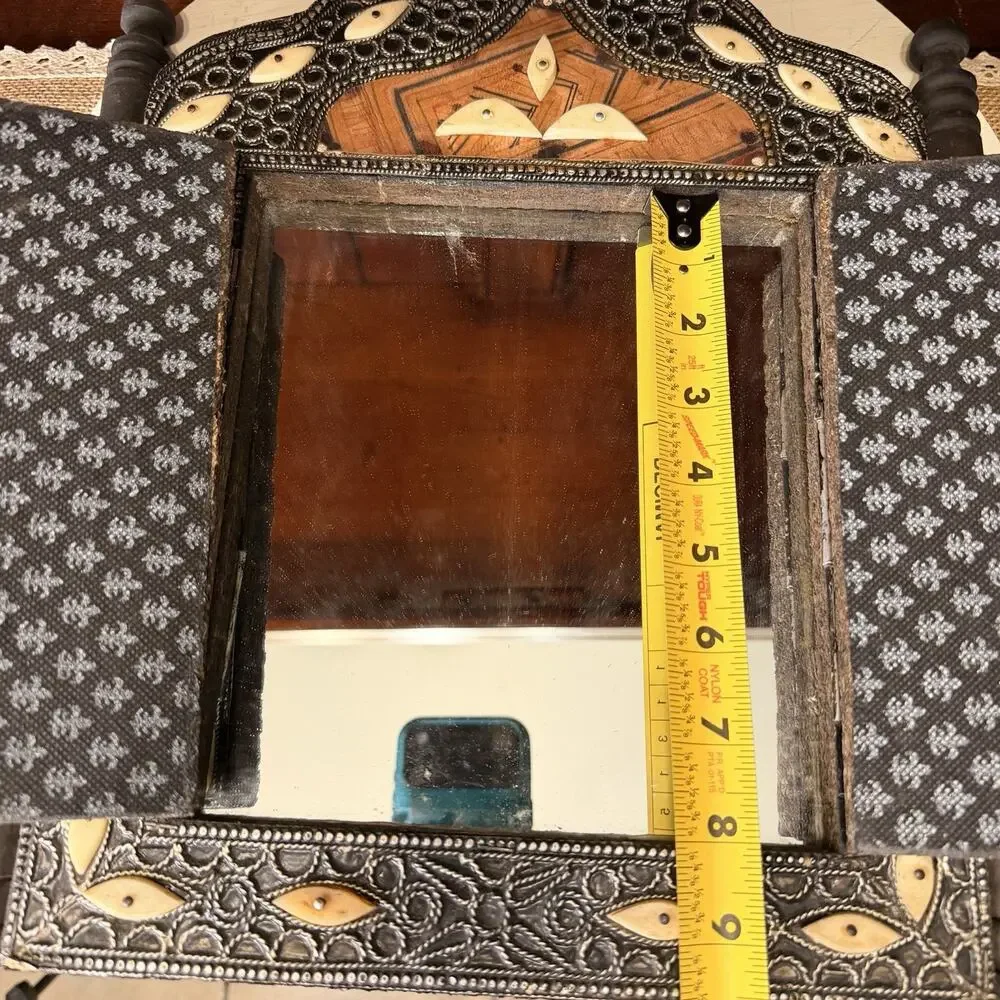 Vintage Moroccan Wall Mirror With Camel Bone Inlay, Leather, And Metalwork